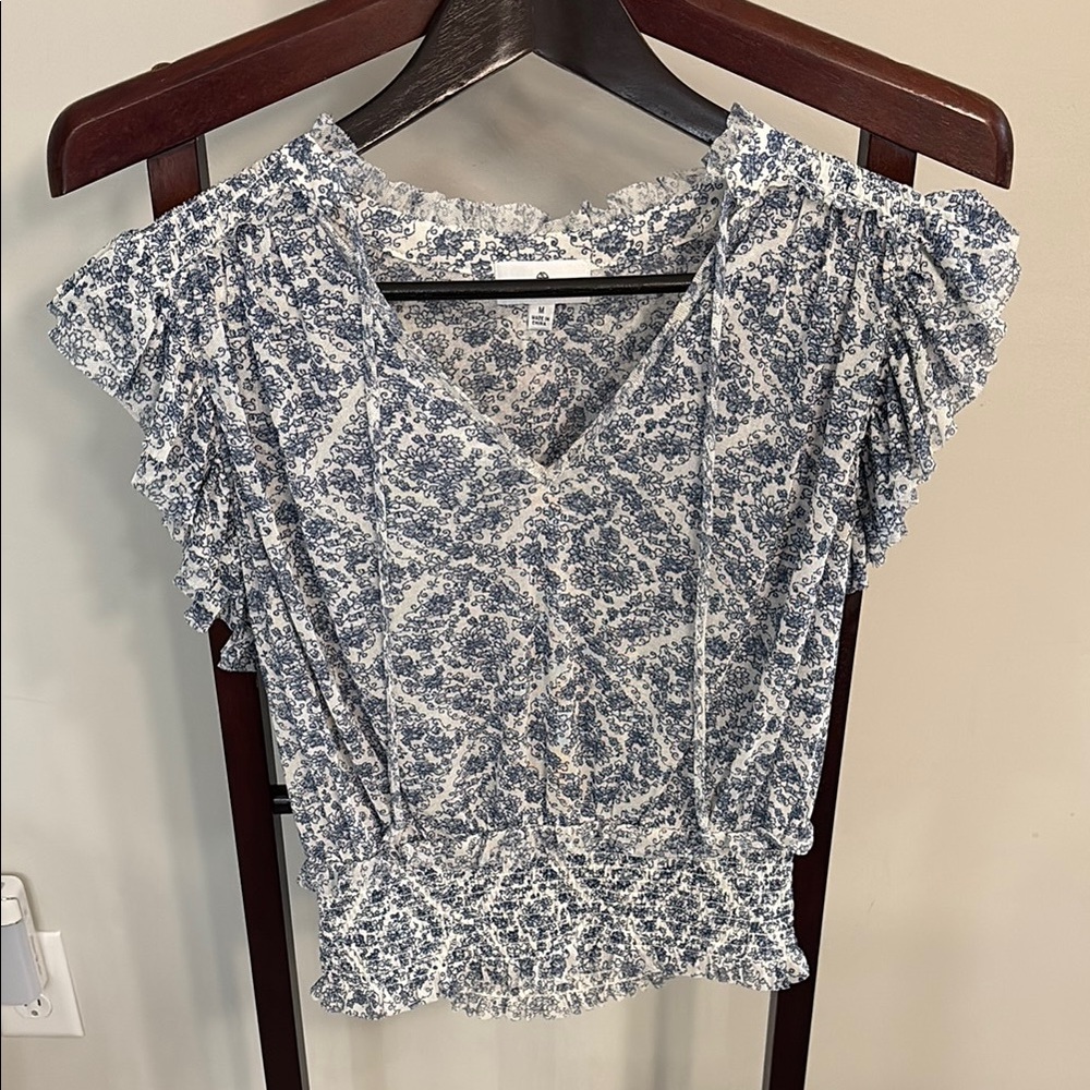 2 for $30 White and Black Flutter Sleeve Ruffled Blouse